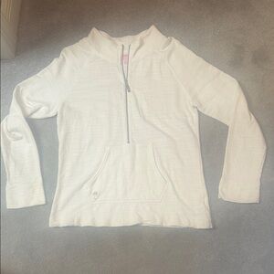 Lilly Pulitzer Pink Tag Cream Pullover with gold 1/2 zip kangaroo front pockets
